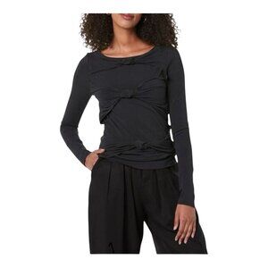 Terea By Andrea Pitter Primrose Knotted Front Top Size Large Black Long Sleeves